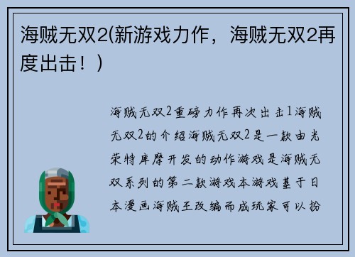 海贼无双2(新游戏力作，海贼无双2再度出击！)